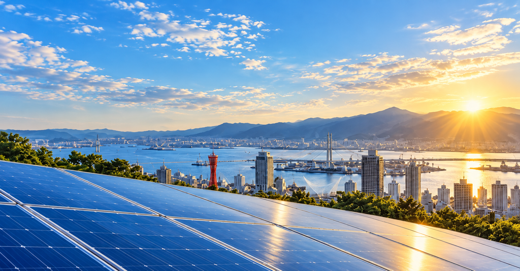 神戸の街並みと太陽光発電設備を望む風景