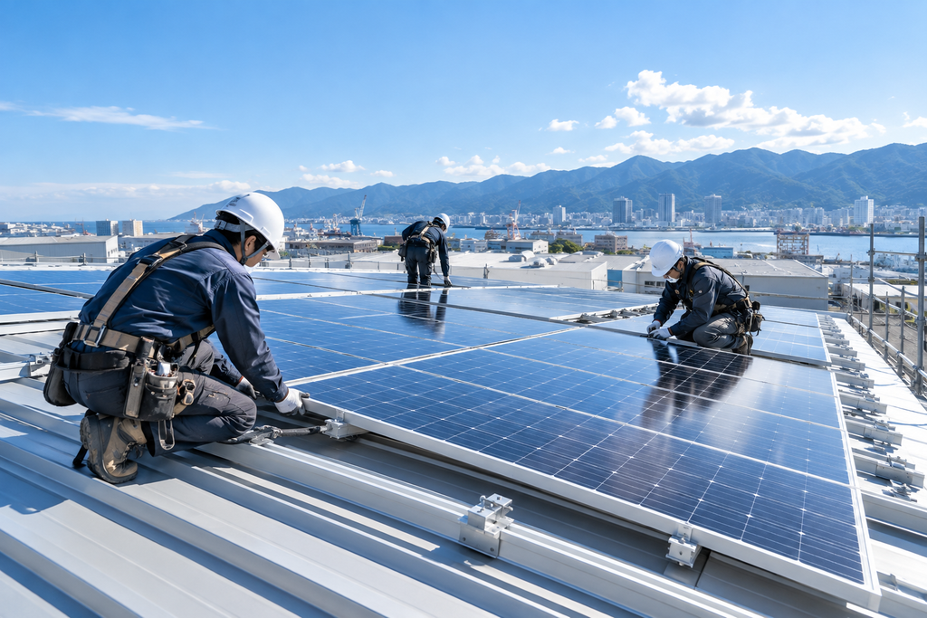 工場屋根に太陽光発電設備を設置する施工イメージ
