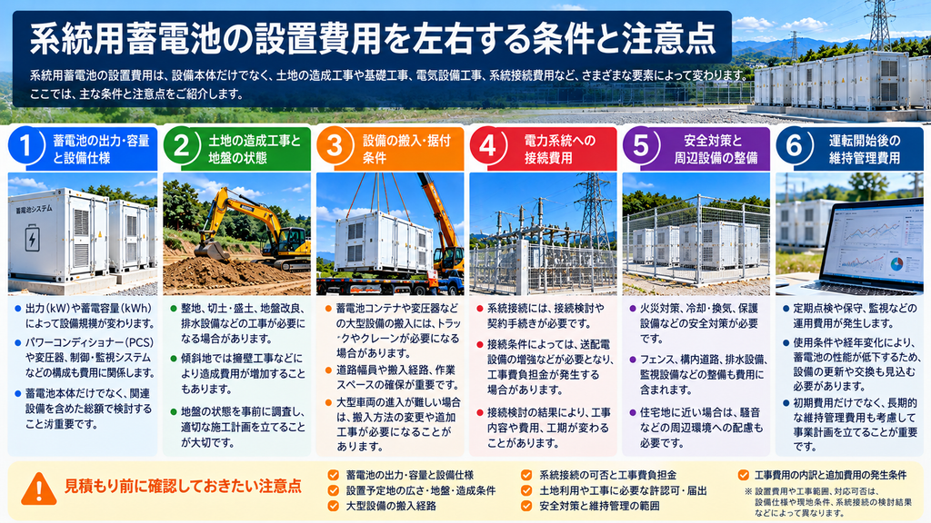 系統用蓄電池の設置費用に関わる設備仕様・土地造成・搬入据付・系統接続・安全対策・維持管理の6項目を示す図解
