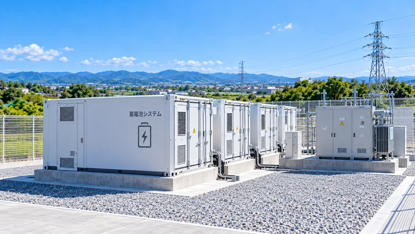 系統用蓄電池のコンテナ型設備と受変電設備が並ぶ蓄電所の完成イメージ