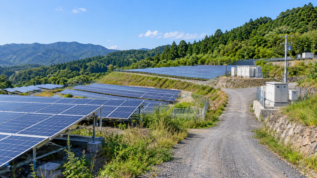丘陵地に広がる太陽光発電所の全景