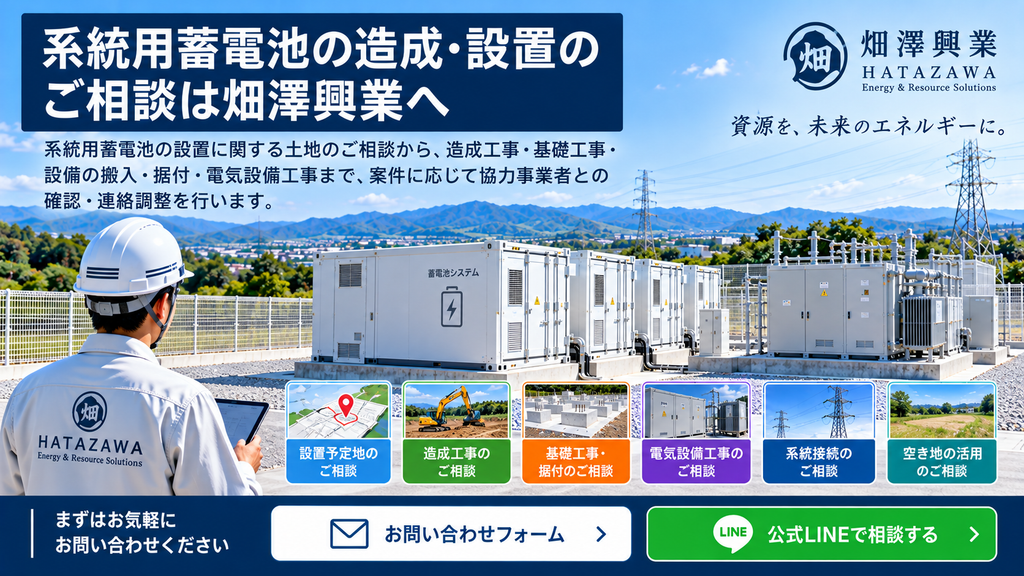 系統用蓄電池の造成・設置について、土地選定や基礎工事、設備据付などの相談を案内するイメージ画像