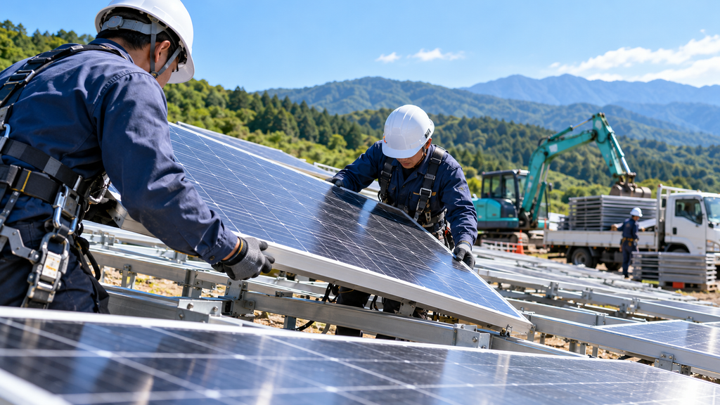 山間部の太陽光発電所で、作業員が太陽光パネルを取り外す作業のイメージ
