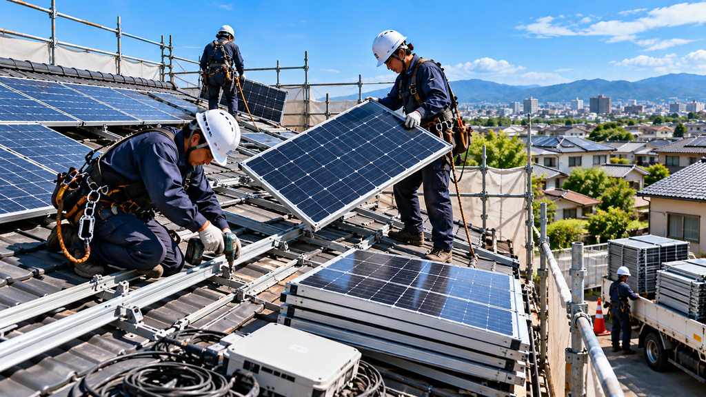 住宅の屋根上で作業員が太陽光パネルと架台を取り外し、撤去作業を進めるイメージ