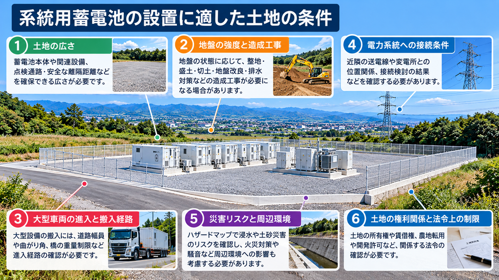 系統用蓄電池の設置用地について、土地の広さ・地盤・搬入経路・系統接続・災害リスク・法令上の制限を示したイメージ図