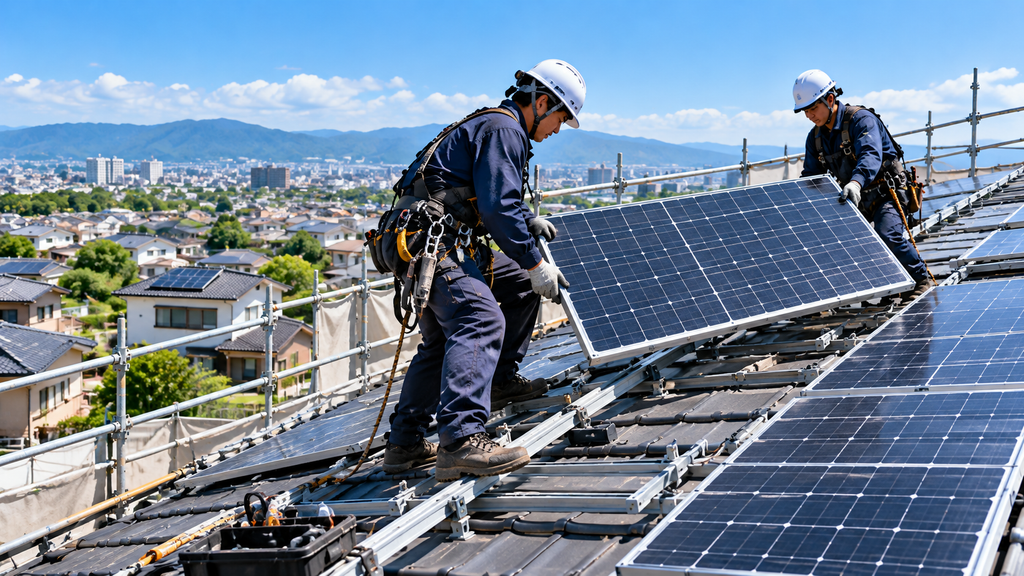 住宅の屋根上で作業員が太陽光パネルを取り外す様子。足場や屋根の形状が分かるイメージ