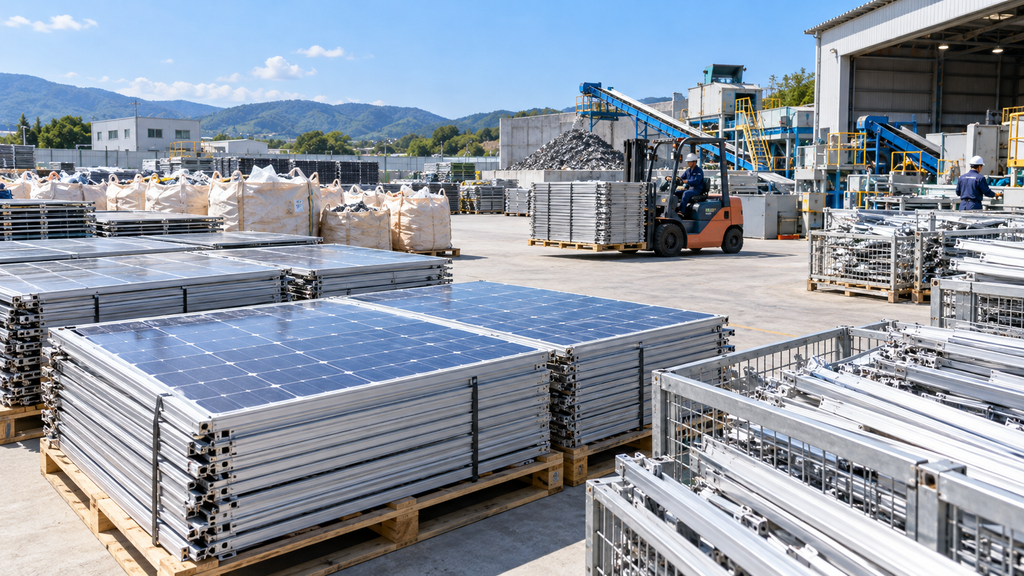回収された太陽光パネルと金属製架台を分別・保管するリサイクル施設のイメージ