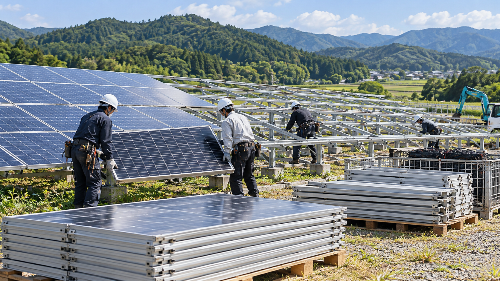山間部の太陽光発電所で、作業員が太陽光パネルを取り外している様子