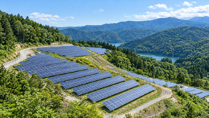 山間部の傾斜地に設置された野立て太陽光発電設備のモデルイメージ