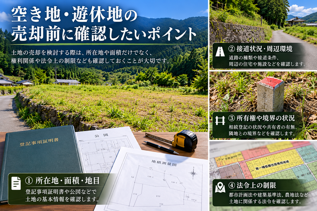 空き地・遊休地の売却前に確認する所在地・面積・地目・接道状況・境界・法令上の制限を示した図解