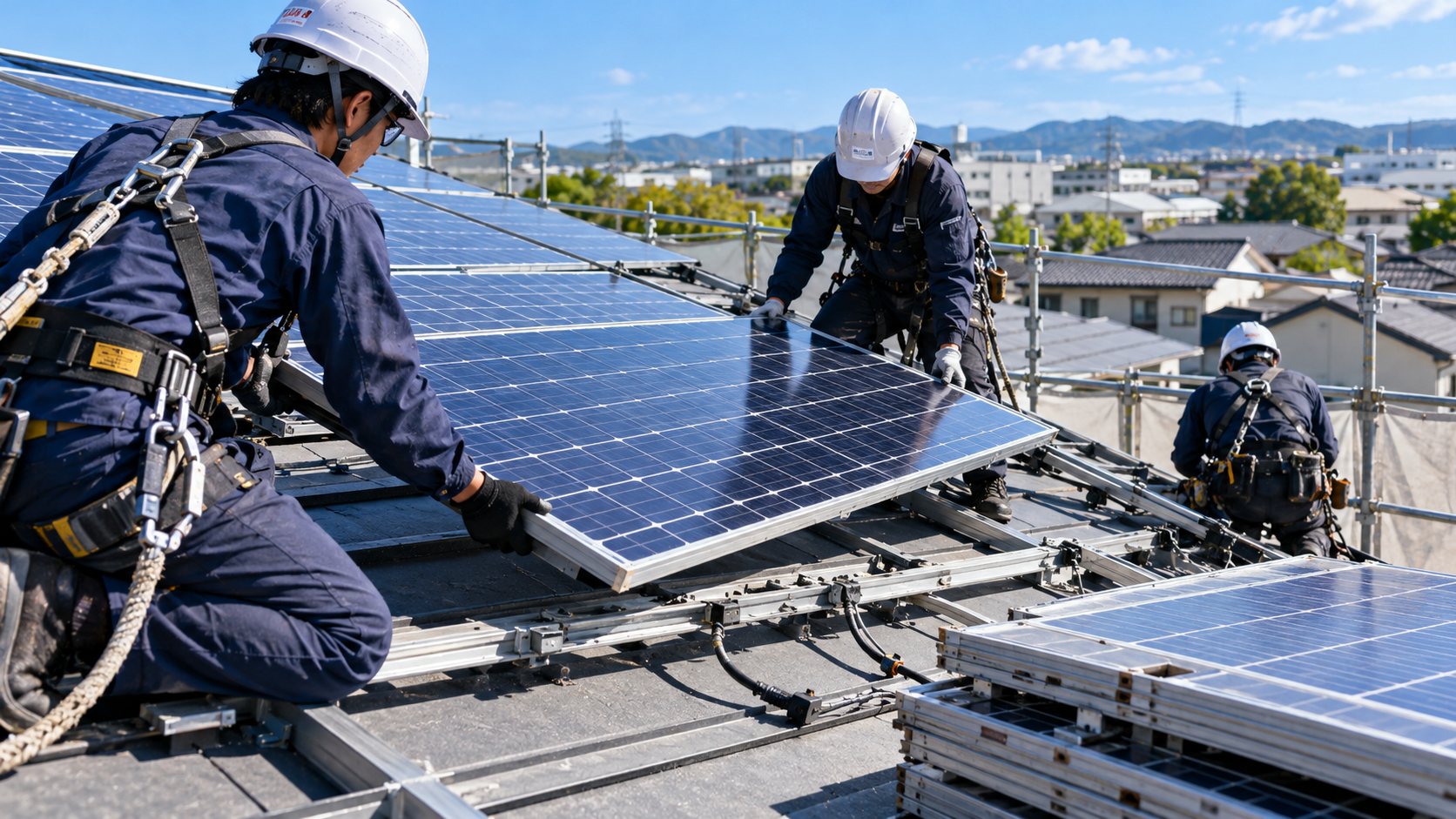 住宅の屋根上で作業員が太陽光パネルを取り外す工事のイメージ
