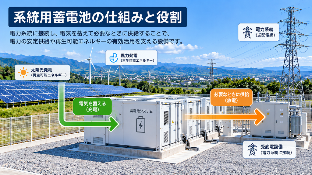 太陽光・風力発電と電力系統につながる系統用蓄電池の充電・放電の仕組みを示したイメージ図