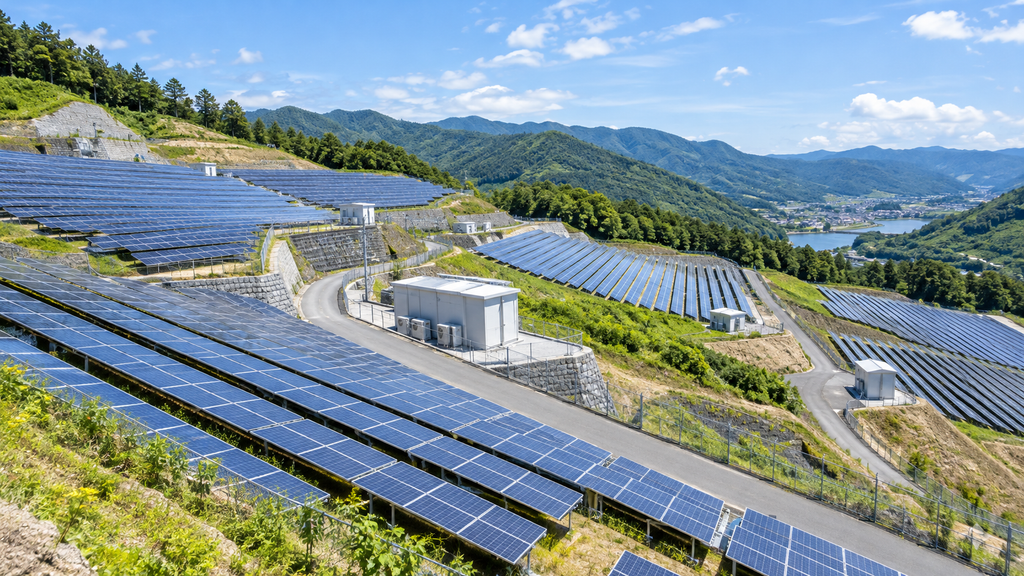 山間部の傾斜地に広がる太陽光パネルと作業車両の進入路のイメージ