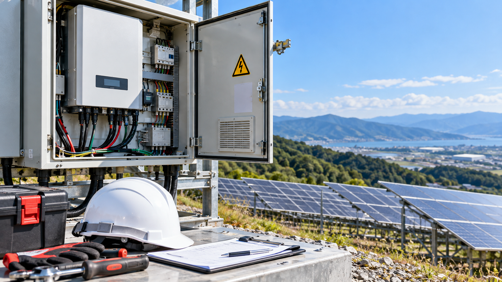 太陽光発電設備のパワーコンディショナーと点検用具のイメージ