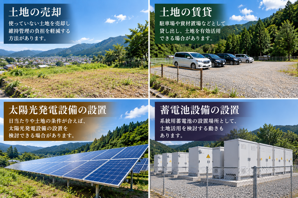 空き地・遊休地の4つの活用方法を示す比較画像。土地の売却・賃貸・太陽光発電設備・蓄電池設備