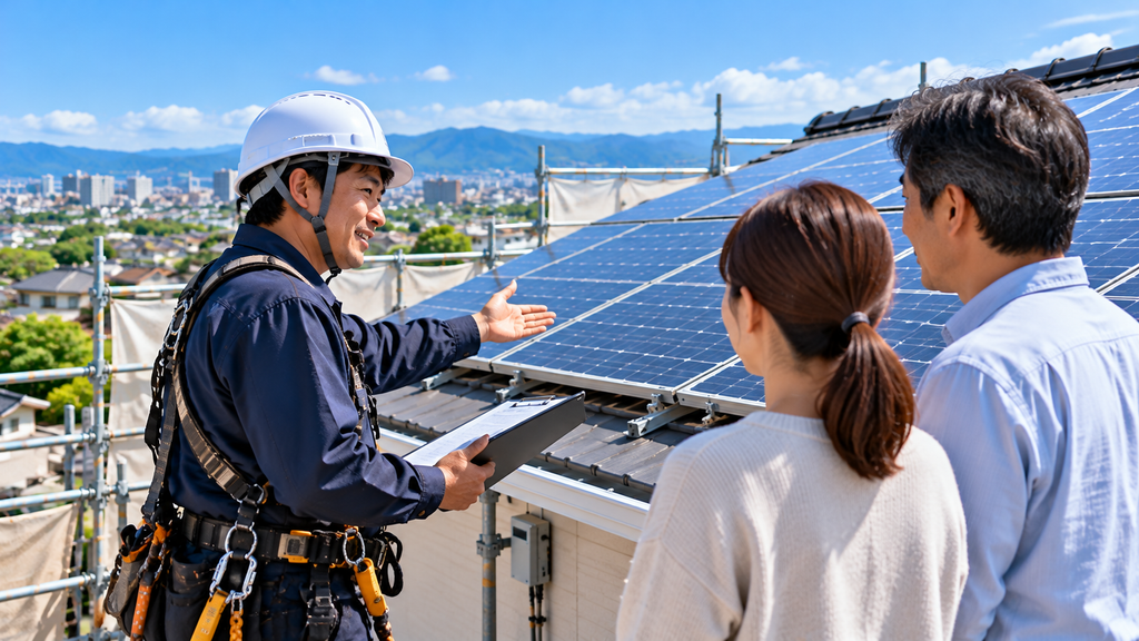 屋根上の太陽光発電設備について、専門事業者がお客様に説明している相談風景のイメージ