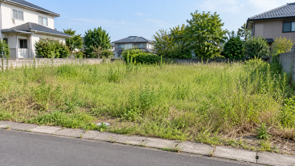 住宅街にある、雑草が生い茂った管理されていない空き地